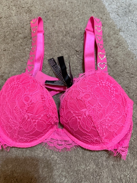 Victoria's Secret Other - Victoria's Secret Pink Lace Push-Up Bra- Heart Rhinestones on wide Strap- 34A